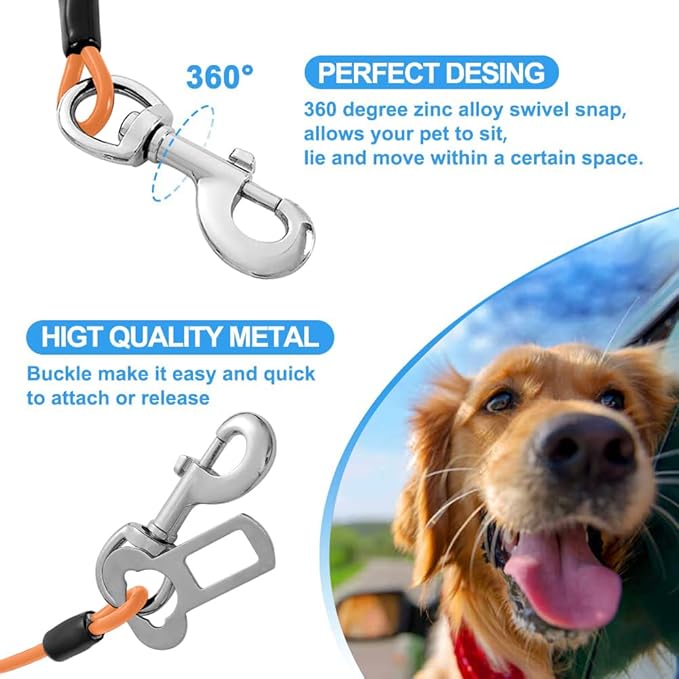 Dog Seat Belt Harness for Car,Dog Seatbelt of Coated Wire Leash Safety Restraint,No Chew Tether Cable Vehicle,Double Clips & Latch(Orange, 24 inch/60 CM)