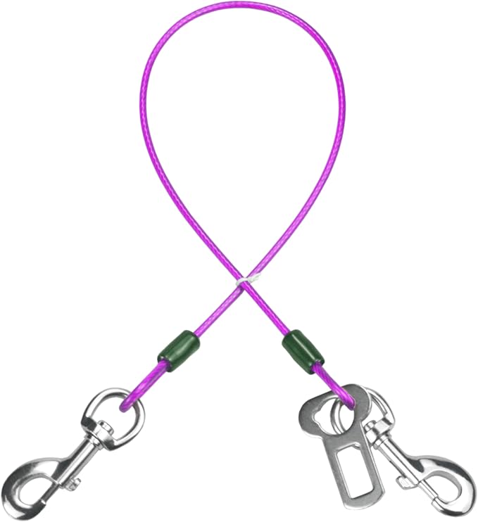 Dog Seat Belt Harness for Car,Dog Seatbelt of Coated Wire Leash Safety Restraint,No Chew Tether Cable Vehicle,Double Clips & Latch(Purple, 32 inch/80 CM)