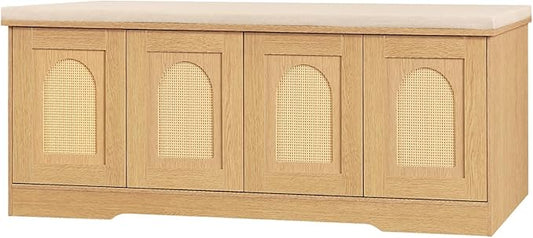 DINZI LVJ Shoe Bench, Entryway Storage Bench with Doors, Cushion, 2-Tier Shoe Rack with 8-Cubby, 47.2”L x 13.8”W Shoe Organizer Cabinet, Adjustable Shelf, Living Room, Bedroom, Natural with Rattan