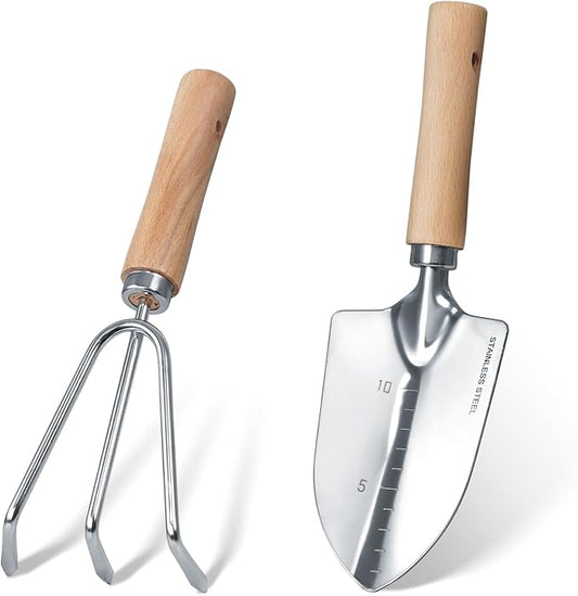 Garden Tool Set, 2 Pieces Stainless Steel Heavy Duty Garden Tools, Gardening Kit with Wooden Handle Garden Hand Tools, Durable Garden Tools for Gardening, Gardening Gifts for Women Men