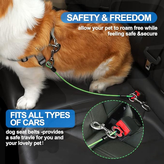 Dog Seat Belt Harness for Car,Dog Seatbelt of Coated Wire Leash Safety Restraint,No Chew Tether Cable Vehicle,Double Clips & Latch (Green, 32 inch/80 CM)