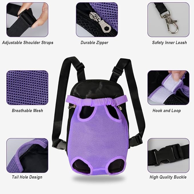 FEimaX Dog Carrier Backpack Pet Legs Out Front Cat Travel Bag, Adjustable Puppy Backpacks Carriers Hands-Free for Small Medium Dogs Cats Hiking Traveling Camping Daily Walking (X-Large, Purple)