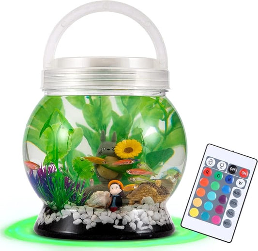 Small Betta Tetra Fish Tank Decorations Set-Aquarium with 20 Color LED Lighting,Fish Night Light Aquarium for Kids,0.5-Gallon,Transparent