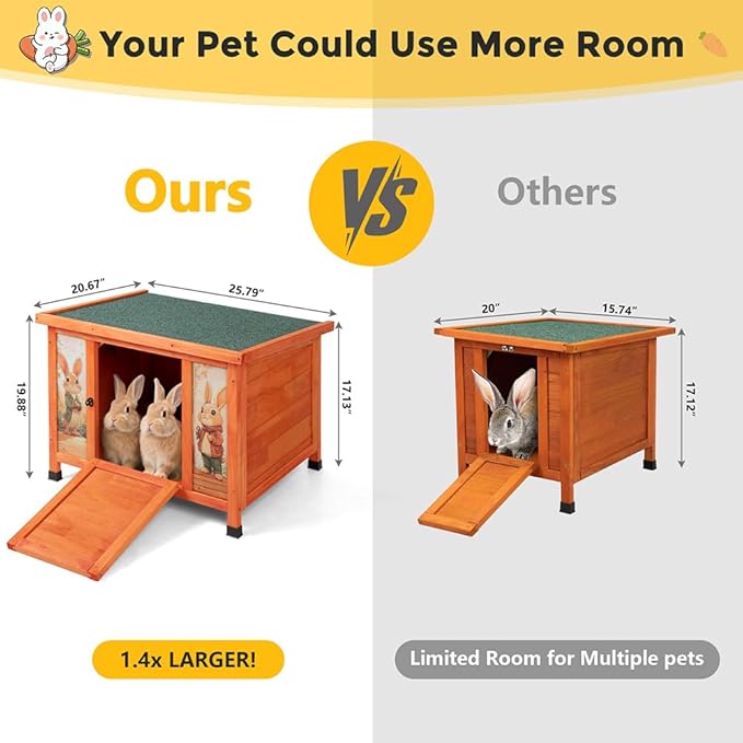 COZIWOW 24in Wooden Cat House Outdoor & Indoor Pet Shelter with Foldable Ramp - Weatherproof Rabbit Hutch with Unique Machine-Printed Art Designs for Cat, Rabbit, Guinea Pig (Orange)