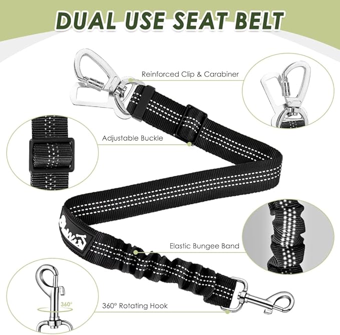 Lukovee Dog Seat Belt for Car, Adjustable Dog Car Harness for Large Medium Small Dogs, Soft Padded & Breathable Mesh Dog Seatbelt with Car Strap and Carabiner(Lime Green Double Clip,Small)