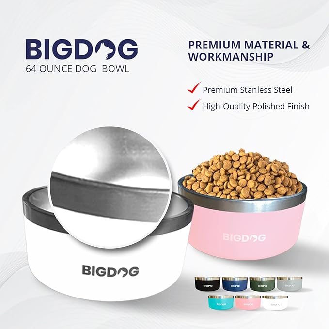 BIGDOG Large Dog Bowls, Stainless Steel, No Spill, 100 Ounce, Black