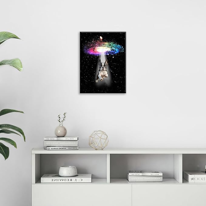 Funny Dog Wall Art Canvas Boston Terrier Wall Decor Prints Framed Painting Bulldog Galaxy Pictures Gifts Artwork for Bathroom 16"x20"