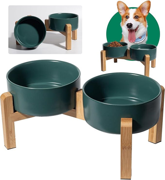 Elevated Ceramic Dog Bowl Set - Raised Dog Bowls with Non-Slip Bamboo Stand - Dog Food and Water Bowl Set - Double Dog Feeding Bowls - Suitable for Small and Medium Dogs - 28.74 OZ - 3.6 CUPS - 850 ML