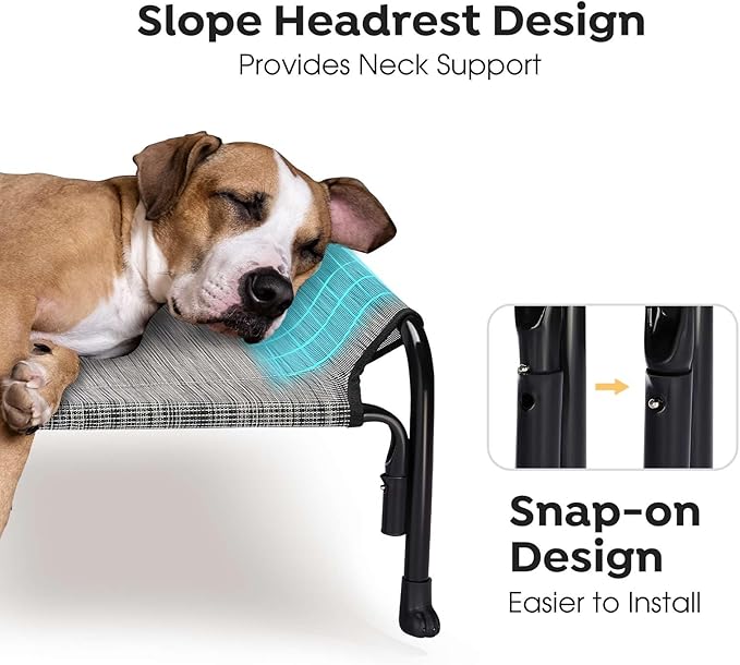 Veehoo Outdoor Elevated Dog Bed, Raised Dog Cot for Large Dogs, Cooling Washable Waterproof Pet Hammock Beds with Slope Headrest, Breathable Mesh and Sturdy Frame, Large, Black Silver, CWC2204