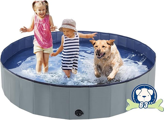 Foldable Dog Bath Swimming Pool 63'' Plastic Kiddie Pool Professional Tub Collapsible Grooming Bathtub for Pets Kids Baby and Toddler, 63 x 12 Inches Gray