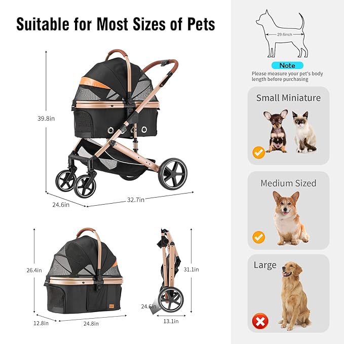 EchoSmile 4 in 1 Pet Stroller, Folding Lightweight Cat & Dog Stroller with Detachable Carrier, NO-Zip 180° Reversible Canopy, All Terrain 4-Wheel,45 lbs Capacity for Small to Medium Dogs