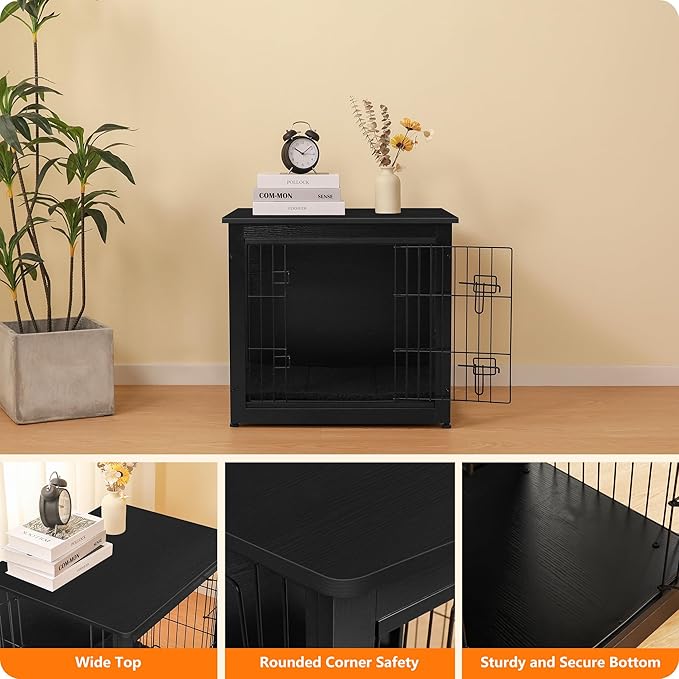 DWANTON Dog Crate Furniture with Cushion, Wooden Kennel Table with Double Doors, Indoor Dog House, Small/Medium/Large Size, 27.2" L, Black