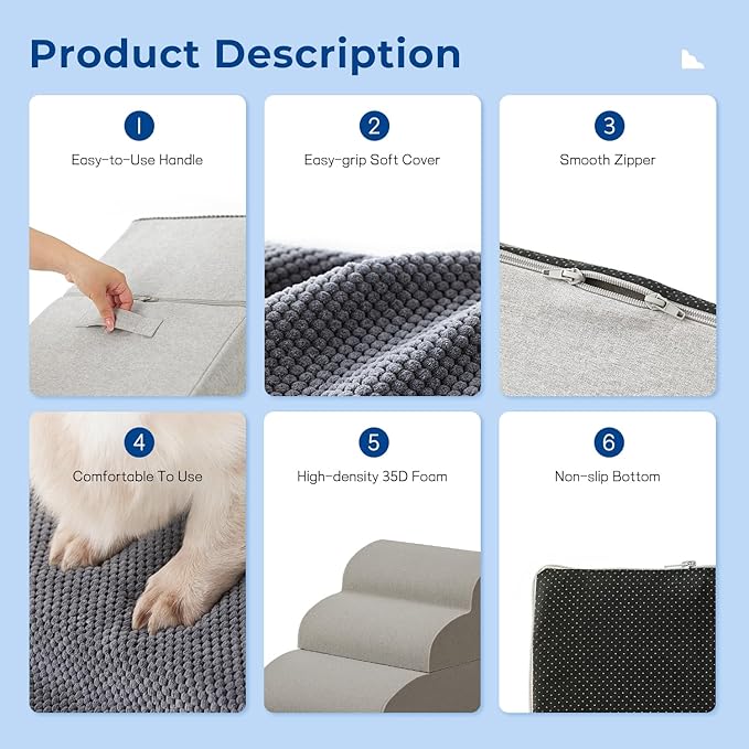 Dog Stairs for Small Dogs - Pet Stairs for Couch and Bed, 35D Foam Dog Steps Ramp with Non-Slip Bottom Beige, 3 Steps