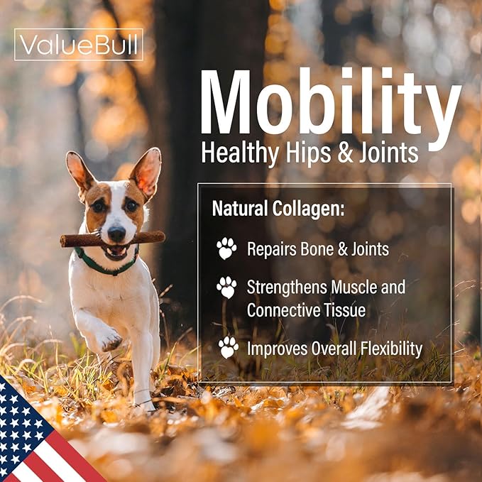 ValueBull USA Collagen Sticks for Dogs, 6 Inch Thick Chews, Natural Long-Lasting Dog Treats, 100 Count Bulk Pack - Promotes Joint, Skin & Coat Health with Glucosamine and Chondroitin
