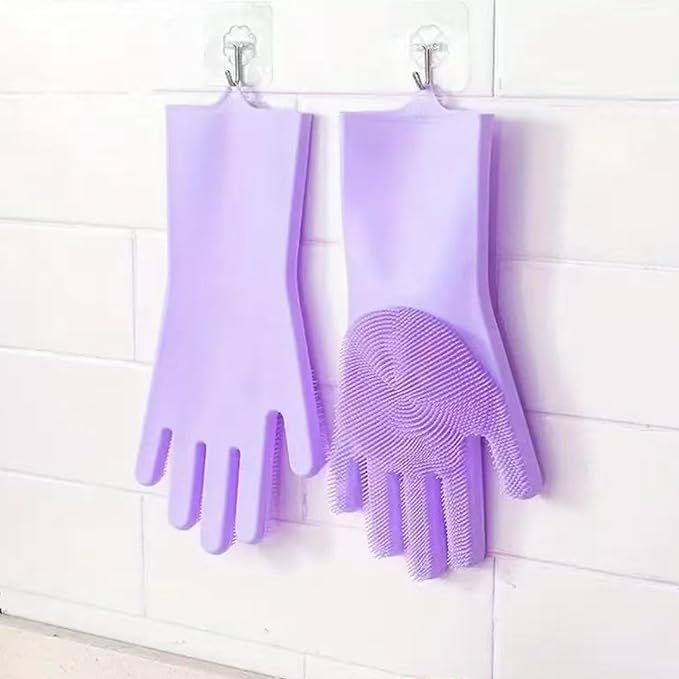 Pet Grooming Gloves，Heat-Resistant Silicone Gloves with High-Density Teeth for Enhanced Massaging and Bathing of Dogs and Cats (Purple, 1 Pair)