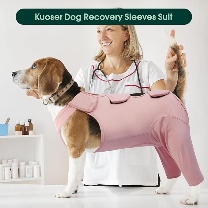 Kuoser Dog Surgery Recovery Suit for Rear Legs, Thigh Wound Protective Sleeve for Dogs, Dog Recovery Sleeve for Female Male Dogs, Dog Onesie After Surgery Pet Surgical Suit for Spay Neuter, Pink S