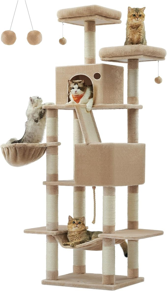 Feandrea Cat Tree, 81.1-Inch Large Cat Tower with 13 Scratching Posts, 2 Perches, 2 Caves, Basket, Hammock, Pompoms, Multi-Level Plush Cat Condo for Indoor Cats, Camel Brown UPCT190K01