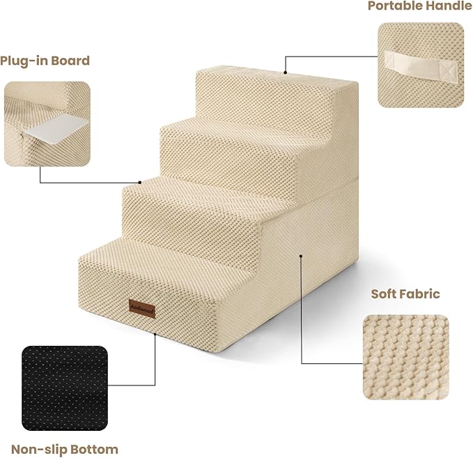 Dog Stairs for Bed 18.5" H, 4-Step Dog Steps for Small Dogs and Cats, Indoor Non-Slip Balanced Pet Stairs are Suitable for Puppy, Older Cat,Beige