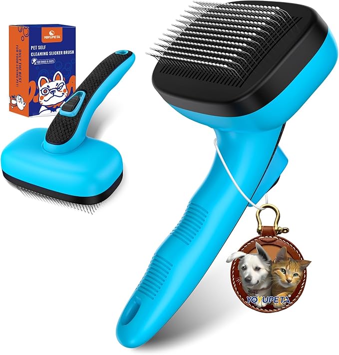 Dog Self Cleaning Slicker Brush for Shedding, Ideal for Short Long Haired Dogs, Including Cat. Removes Loose Fur, Undercoat, Mats, Tangled Hair. Suit for Large Medium Small Animal. Blue