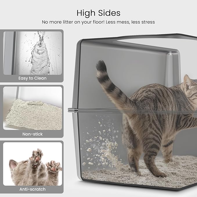 Enclosed Stainless Steel Cat Litter Box with Lid, XL Metal Litter Box for Big Cats, Extra Large Cat Toilet with High Side, Non-Stick, Anti-Leakage, Odorless, with Cats Litter Mat & Litter Scoop