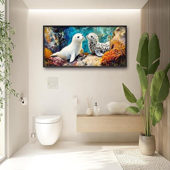 Extra Large Seal Framed Wall Art for Living Room,Oversized Underwater Animal Pictures Wall Decor,Ocean Coral Reef Canvas Print Painting Modern Artwork Bedroom Office Bathroom 60L" x 30W"