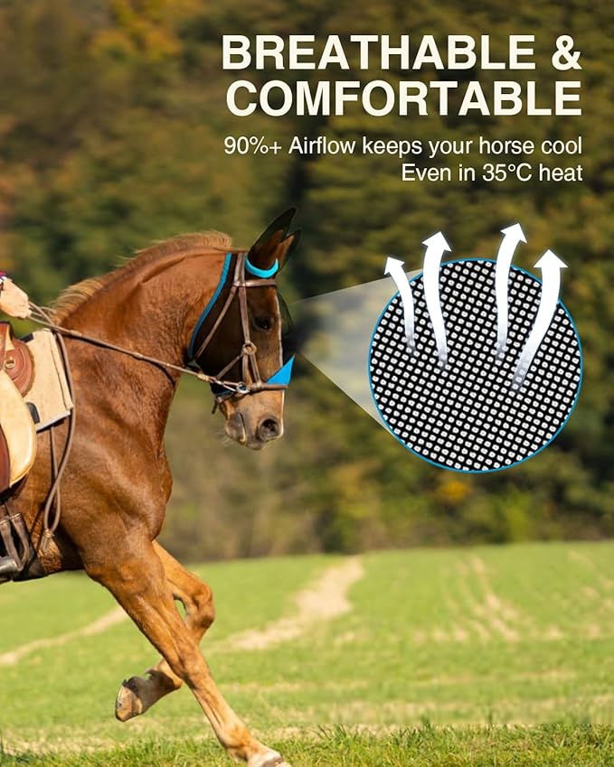 Hilltown Adjustable Fly Mask for Horse with Ears - UV-Block, Large Eye Space, Breathable, Built to Last, Comfort Fit - Horse Fly Mask for Daily Stable, Hot Weather Riding & Competition - Full, Blue