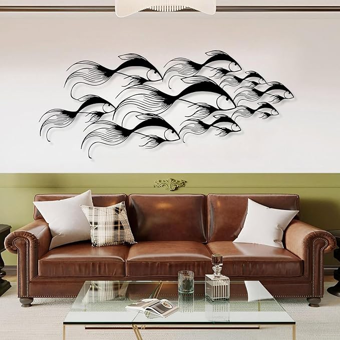 School of Fish Metal Wall Art, Metal Fish Wall Decor, Sea Life Wall Art, Large Nautical Wall Hanging, Modern Beach House Wall Decor, Ocean Themed Artwork for Bathroom (White, 59"x25" | 150x64cm)