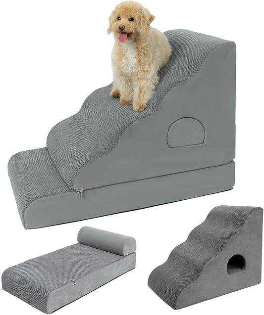 Dog Stairs for Small Dogs 24.6" H, 5-Step Dog Steps for High Bed, High-Density Foam Curved Pet Stairs with Non-Slip Removable Washable Cover to Get on Bed