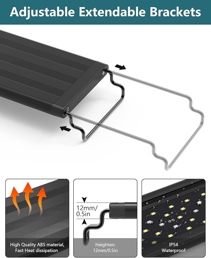 Led Aquarium Light for Plants-Full Spectrum Fish Tank Light with Timer Auto On/Off, 12-18 Inch, Adjustable Brightness, White Blue Red Green Pink LEDs with Extendable Brackets for Freshwater