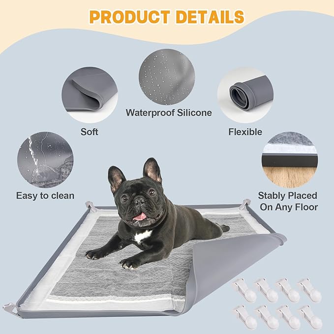 Dog Pee Pad Holder, Puppy Pad Holder Tray for 24'' x 24'' Training Pads, 15pcs Dog Potty Tray Set Include High Edge Silicone Mat & 6 Activated Charcoal Disposable Puppy Pads & 8 Holder Clamps