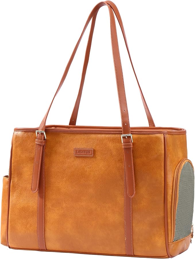 Fashion Dog Purse Pet Carrier Leather Bag for Small Dogs Cats Puppy, Portable Tote Bag Airline Approved Soft-Sided Carriers (Brown)