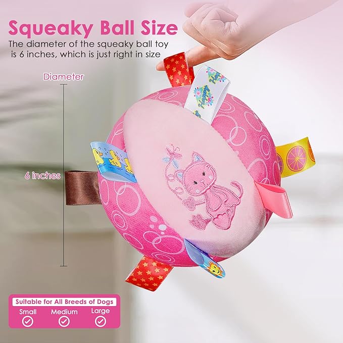Dog Squeaky Plush Toy with Straps, 6-Inch Soft Stuffed Ball with Cotton Material and Bell Built-in, Pet Interactive Fetch Toy for Small to Large Dog