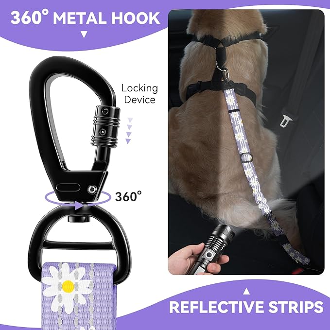 Pawaboo 2Pack Dog Seatbelt for Car, 3-in-1 Dog Car Seat Belt Bungee, Dogs Tether for Cars with Buckle & Hook Latch, Adjustable Reflective Dogs Cars Harness Leash with 360° Lockable Buckle,Light Purple