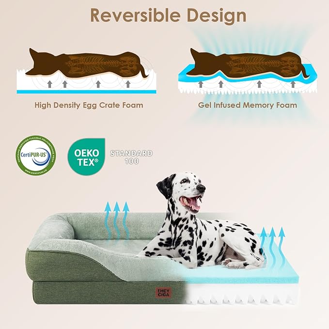 EHEYCIGA Memory Foam XXL Dog Bed for XLarge Sized, Extra Large Orthopedic Dog Sofa with Sides and Waterproof Liner, Washable Bolster Pet Couch with Removable Cover, 52x41x8 Inch, Green