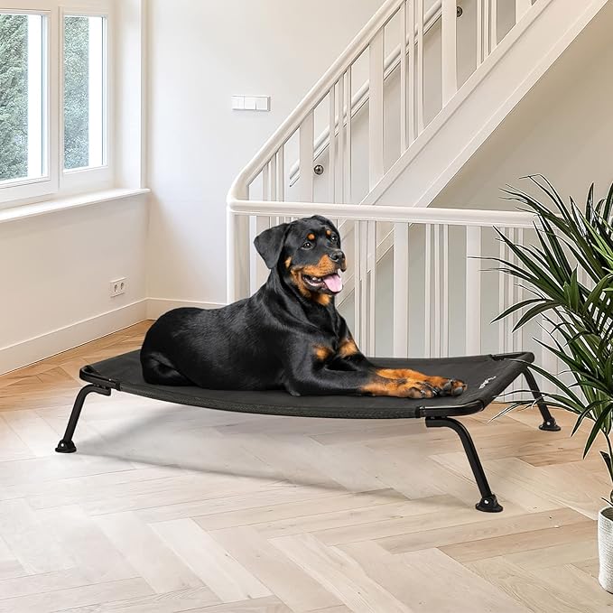 Veehoo Outdoor Elevated Dog Bed, Cooling Raised Dog Cot Bed XL, Portable Waterproof Curved Dogs Hammock Beds for Outside, up to 150lbs, Black Legs, Black 49"