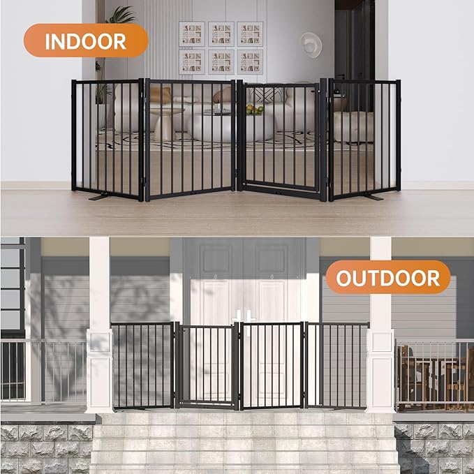 Full Metal Freestanding Dog Gate with Door, 24'' Height Foldable Pet Dog Fence for Indoor & Outdoor, 2 Panels Extra Wide Free Standing SmallDog Gates for Doorways,House,Stairs,Porch,Deck,Yard