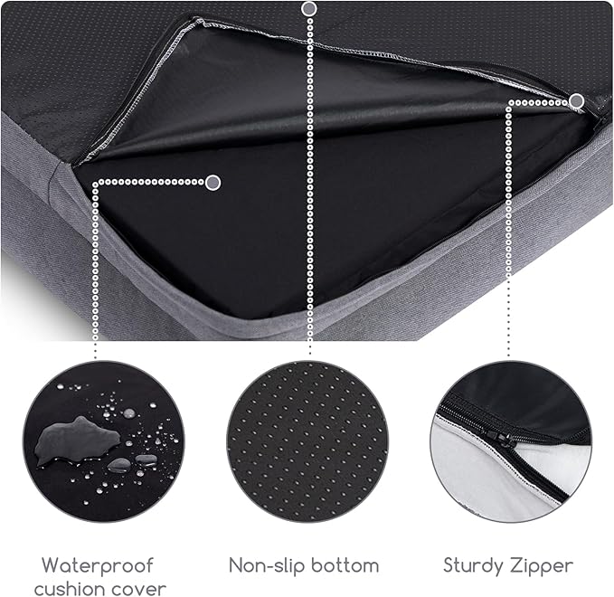 Hollypet Orthopedic Dog Bed for Large Dogs, Supportive Foam Pet Couch with Removable Washable Cover and Non-Slip Bottom, Waterproof Lining Dog Sofa Bed, Gray, L (36 * 26 * 8)