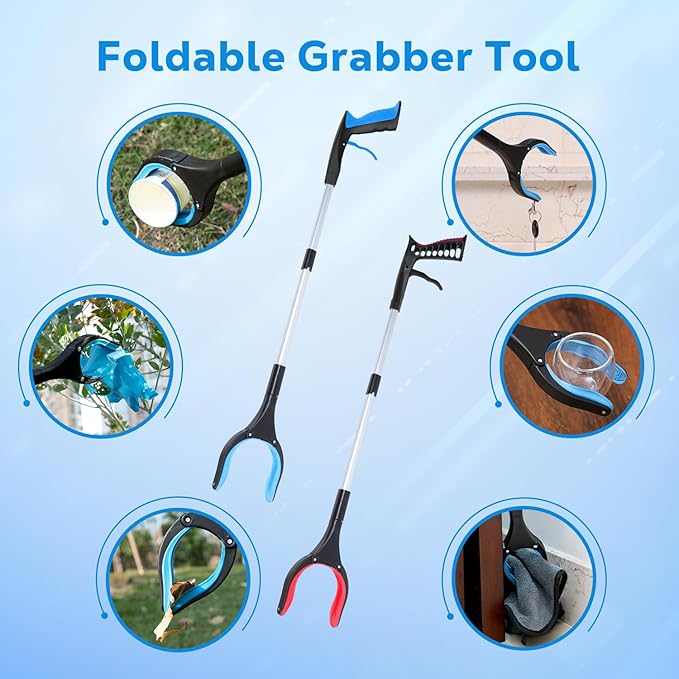 Grabber Reacher Tool - 32” Extra Long Foldable Gripper and Reaching Tool - Heavy Duty Pick Up Stick Grabbers for Seniors, Trash, Surgery Recovery Must Haves Gifts (Blue+Orange 2P)