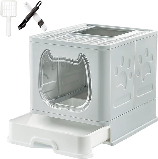Gefryco Litter Box with Lid for Small to Medium Cats, Enclosed Cat Litter Box with Cover，High Sided Top Entry Cat Box with Brush and Scoop, Cute Kitty Litter Pan with Drawer for Growing Kittens(Grey)