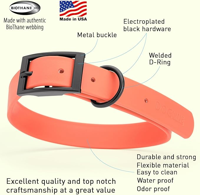 Dogline Biothane Waterproof Dog Collar Strong Coated Nylon Webbing with Black Hardware Odor- Proof for Easy Care Easy to Clean High Performance Fits Small Medium or Large Dogs, Coral