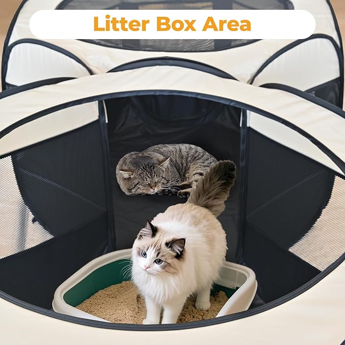 EighteenTek 2-in-1 Pop Up Cat Playpen, Assembly-Free Dog Puppy Pet Playpen, Indoor Outdoor Cats Enclosed, Cat Tent House Crate Cage, Portable & Foldable Playpen for Kittens(No Divider, Unified Space)