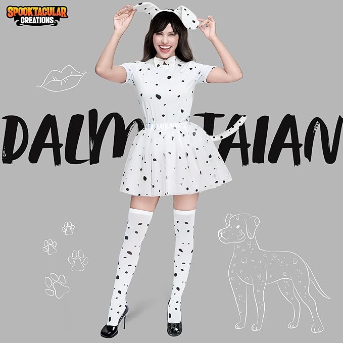 Spooktacular Creations 6 Pcs Halloween Women Dalmatian Dog Costume Set, Dalmatian Puppy Costume for Adult Women