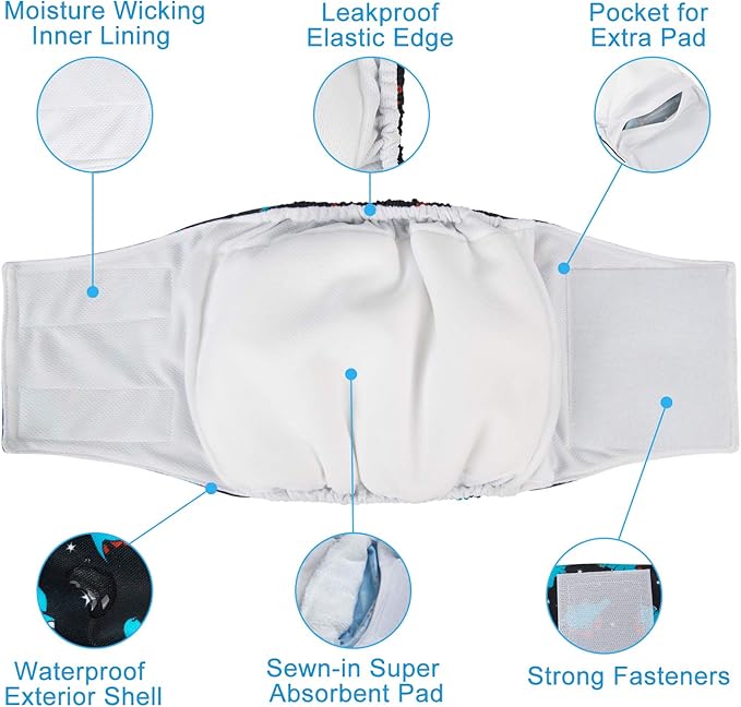 CuteBone Dog Diapers Male Belly Bands 3 Pack for Male Dogs Reusable Puppy Wraps DM62XS