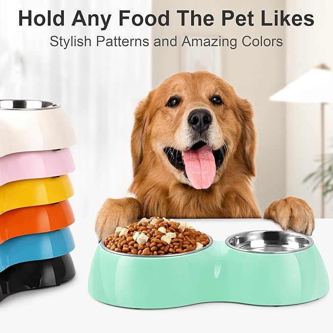 Elevated Dog Bowls Set - Non-Slip Raised Pet Feeder with Medium (2 Cups) & Large (4 Cups) Stainless Steel Bowls - Includes Durable Resin Stand for Puppies, Adult Dogs & Cats - Green