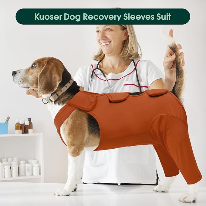 Kuoser Thigh Wound Protective Sleeve for Dogs - Dog Surgery Recovery Suit for Rear Legs - Brown XS