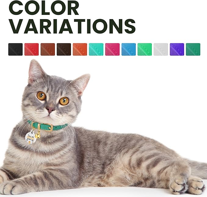 BRONZEDOG Leather Cat Collar with Removable Bells Non Breakaway Kitten QR Tag for Girl Boy (9" - 12" Cats/Mini Dogs, Purple & Gold)