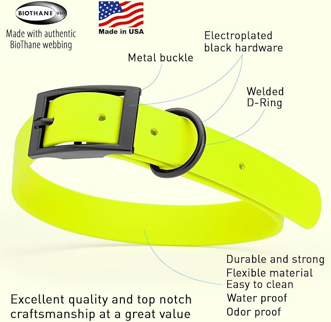 Dogline Biothane Waterproof Dog Collar Strong Coated Nylon Webbing with Black Hardware Odor- Proof for Easy Care Easy to Clean High Performance Fits Small Medium or Large Dogs, Safety Yellow