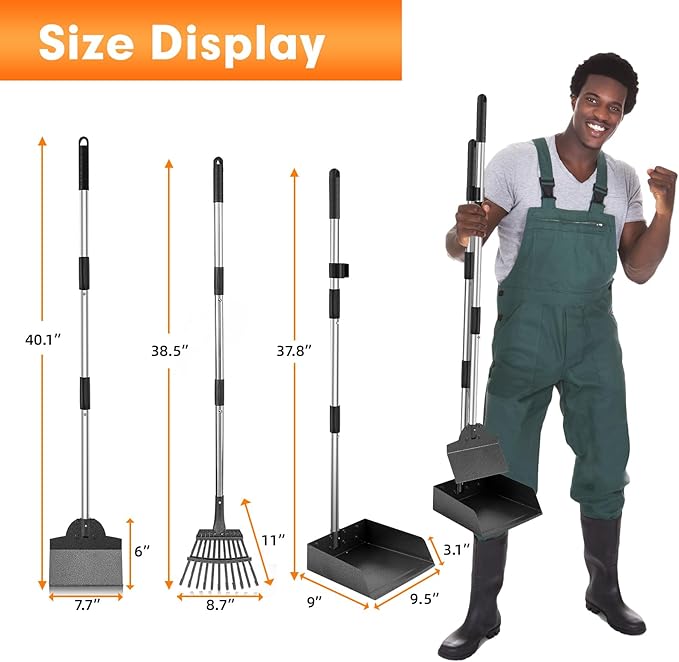 Dog Pooper Scooper, Adjustable Handle Poop Scooper with Tray,Rake and Spade Set of 3, Steel Stainless Poop Scoop for Medium Large Dogs and Pet Waste on Grass, Dirt and Gravel (Large Size)