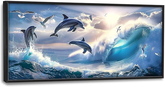 Dolphin Seagull Large Wall Art Sea Ocean Waves Sunrise Pictures Wall Decor Nautical Coastal Canvas Print Painting Artwork for Bathroom Living Room Bedroom 60L" x 30W"