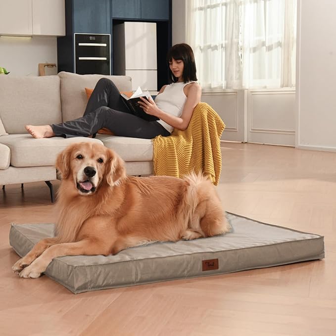 Dog Crate Bed Washable Dog Beds for Large Dogs, Big Waterproof Orthopedic Pet Bed with Egg Crate Foam Pet Bed Mat, Removable Oxford Cooling Cover, Khaki